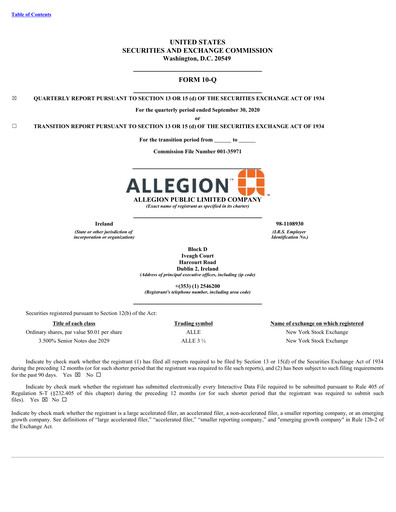 Thumbnail Allegion
 Quarterly Report 2020-q3