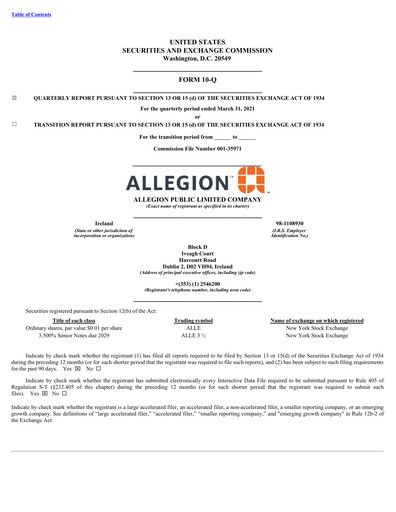 Thumbnail Allegion
 Quarterly Report 2021-q1