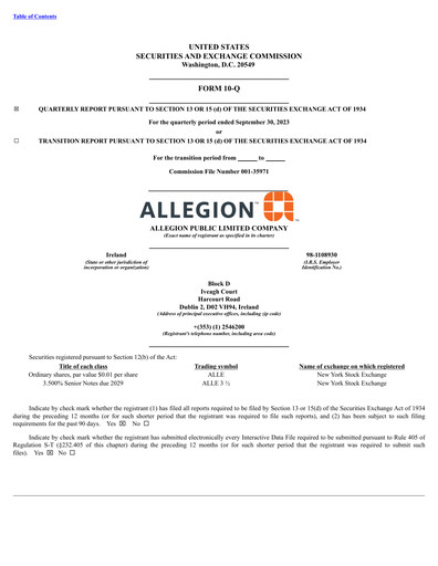 Thumbnail Allegion
 Quarterly Report 2023-q3