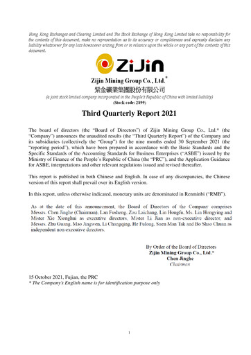 Thumbnail Zijin Mining Quarterly Report 2021-q3