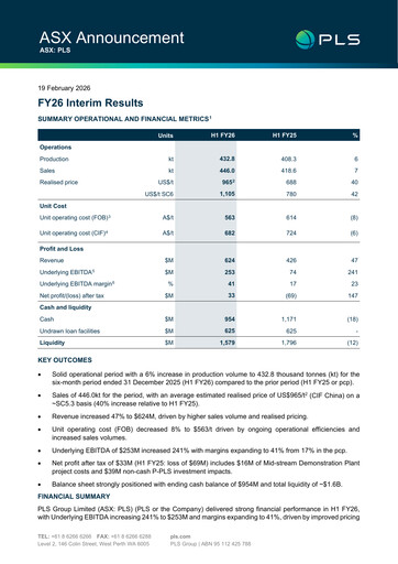 Miniature Pilbara Minerals Rapport semestriel 2026-h1