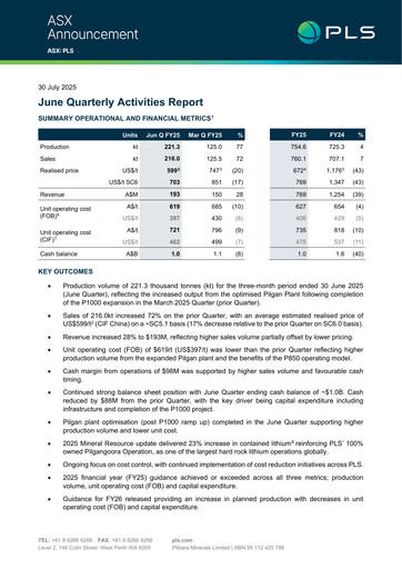 Thumbnail Pilbara Minerals Quarterly Report 2025-q4