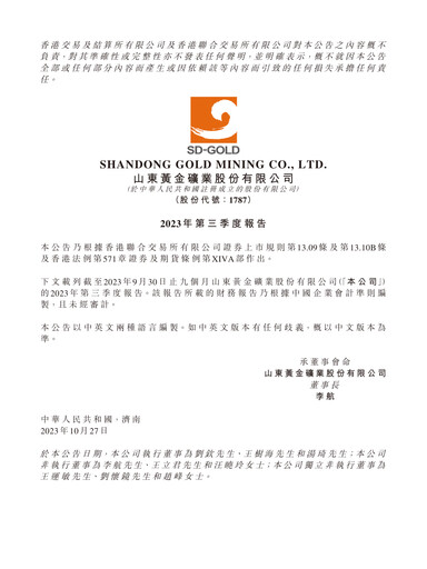 Thumbnail Shandong Gold Mining Quarterly Report 2023-q3