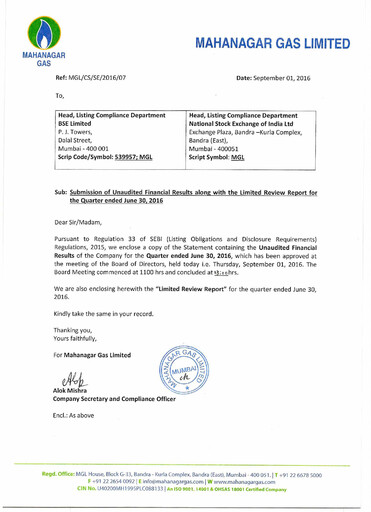 Thumbnail Mahanagar Gas Quarterly Report 2016-q1