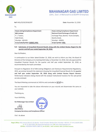 Thumbnail Mahanagar Gas Quarterly Report 2018-q2