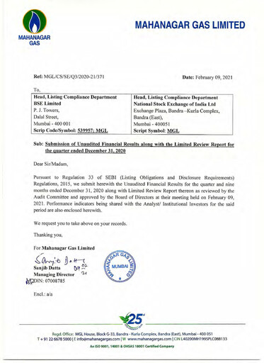 Thumbnail Mahanagar Gas Quarterly Report 2020-q3