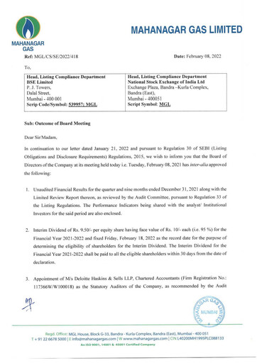 Thumbnail Mahanagar Gas Quarterly Report 2021-q3