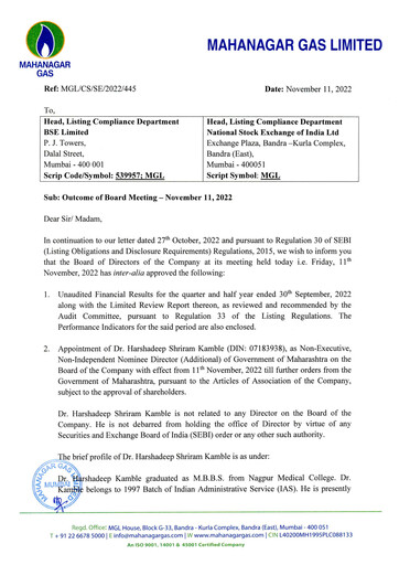 Thumbnail Mahanagar Gas Quarterly Report 2022-q2