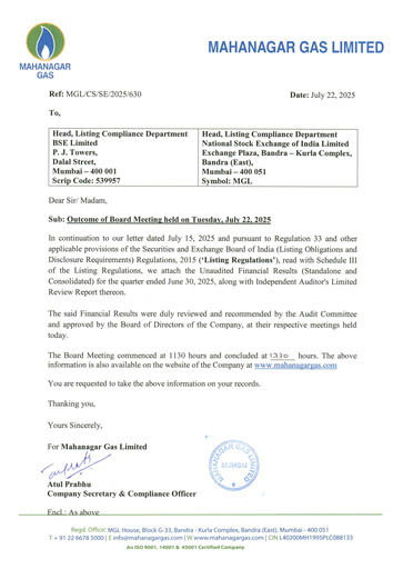 Thumbnail Mahanagar Gas Quarterly Report 2025-q1