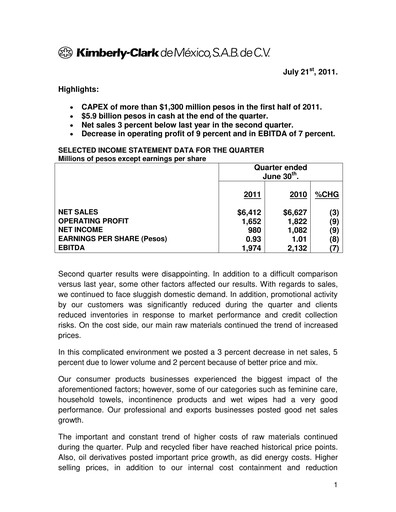 Thumbnail Kimberly-Clark de México Quarterly Report 2011-q2