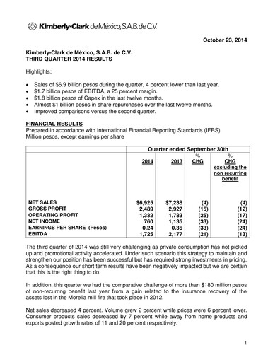 Thumbnail Kimberly-Clark de México Quarterly Report 2014-q3