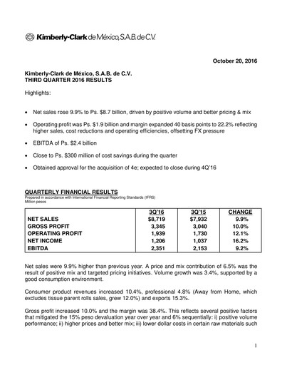 Thumbnail Kimberly-Clark de México Quarterly Report 2016-q3