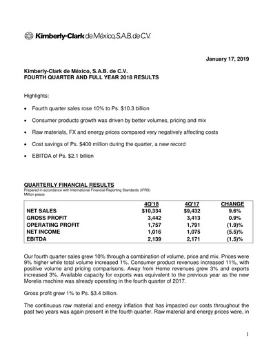 Thumbnail Kimberly-Clark de México Quarterly Report 2018-q4
