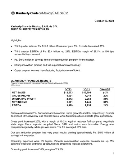 Thumbnail Kimberly-Clark de México Quarterly Report 2023-q3