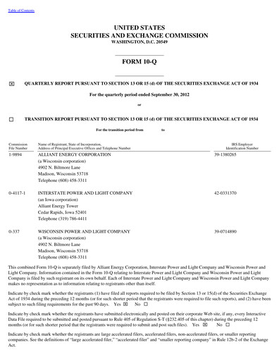 Thumbnail Alliant Energy Quarterly Report 2012-q3