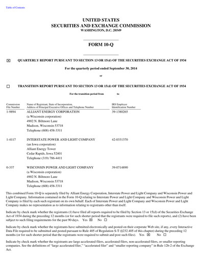 Thumbnail Alliant Energy Quarterly Report 2014-q3