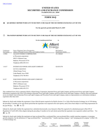 Thumbnail Alliant Energy Quarterly Report 2019-q1