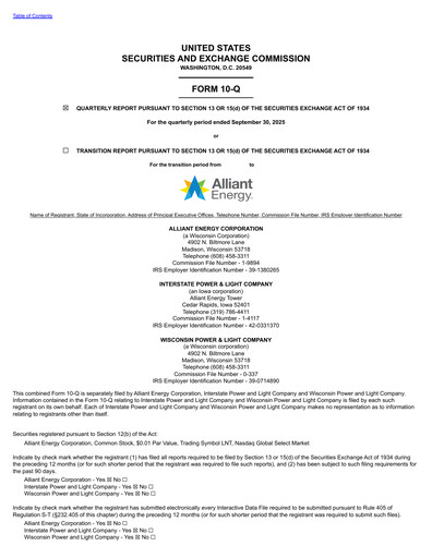 Thumbnail Alliant Energy Quarterly Report 2025-q3