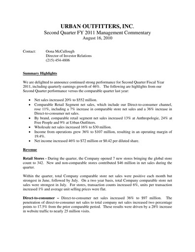 Miniature Urban Outfitters
 Rapport trimestriel 2011-q2