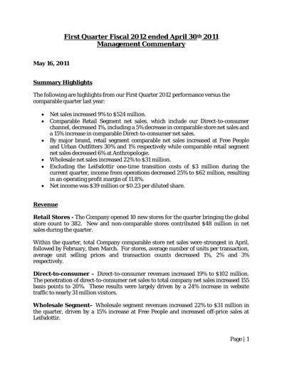 Miniature Urban Outfitters
 Rapport trimestriel 2012-q1