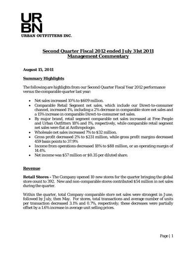 Miniature Urban Outfitters
 Rapport trimestriel 2012-q2