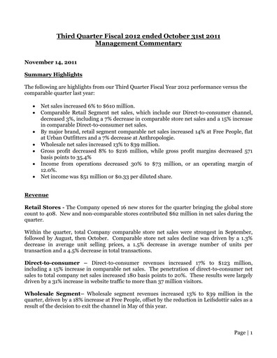 Miniature Urban Outfitters
 Rapport trimestriel 2012-q3