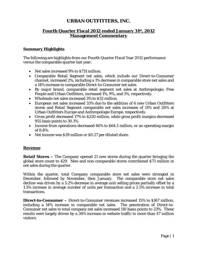 Miniature Urban Outfitters
 Rapport trimestriel 2012-q4