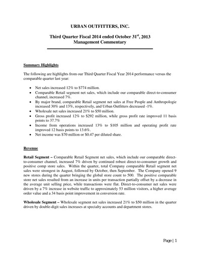 Miniature Urban Outfitters
 Rapport trimestriel 2014-q3