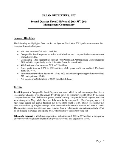 Miniature Urban Outfitters
 Rapport trimestriel 2015-q2