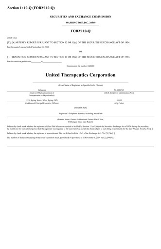 Thumbnail United Therapeutics Quarterly Report 2004-q3