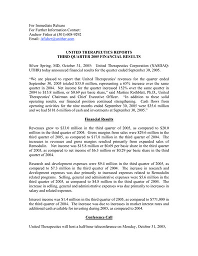 Thumbnail United Therapeutics Quarterly Report 2005-q3