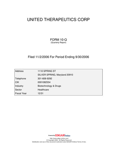 Thumbnail United Therapeutics Quarterly Report 2006-q3