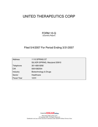 Thumbnail United Therapeutics Quarterly Report 2007-q1