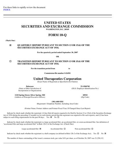 Thumbnail United Therapeutics Quarterly Report 2007-q3