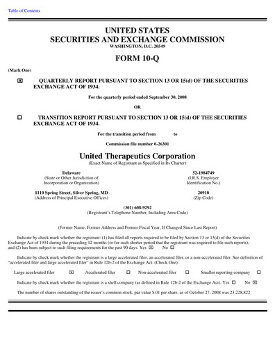 Thumbnail United Therapeutics Quarterly Report 2008-q3