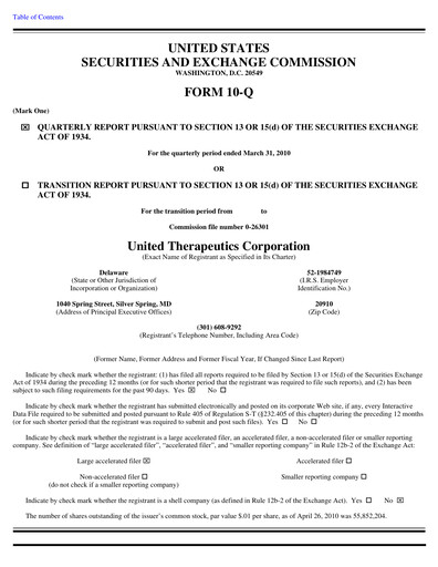 Thumbnail United Therapeutics Quarterly Report 2010-q1