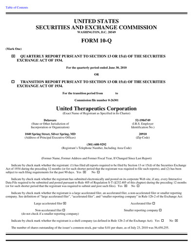 Thumbnail United Therapeutics Quarterly Report 2010-q2