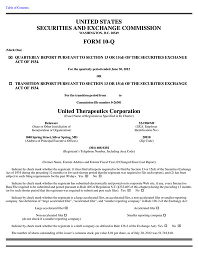 Thumbnail United Therapeutics Quarterly Report 2012-q2
