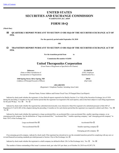 Thumbnail United Therapeutics Quarterly Report 2018-q3