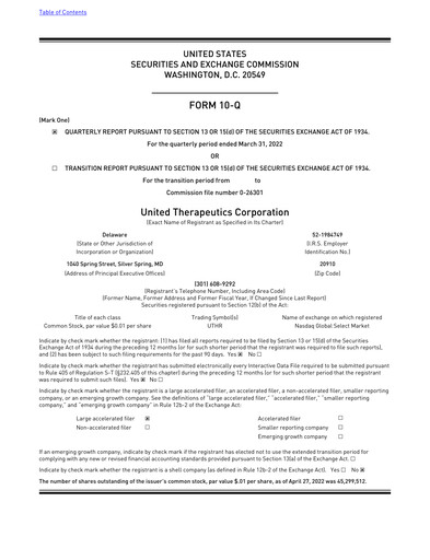 Thumbnail United Therapeutics Quarterly Report 2022-q1