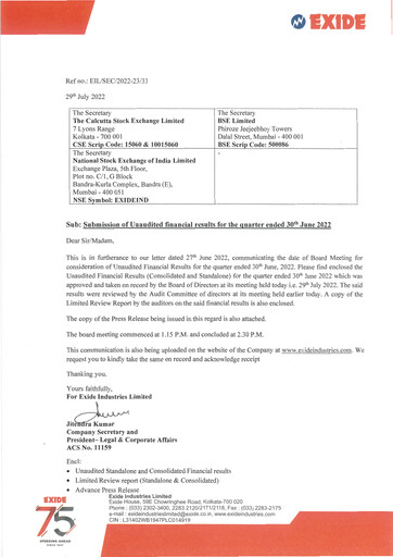 Thumbnail Exide Industries
 Quarterly Report 2022-q1
