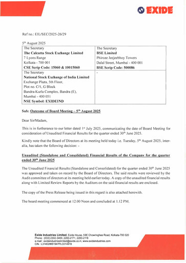 Thumbnail Exide Industries
 Quarterly Report 2025-q1