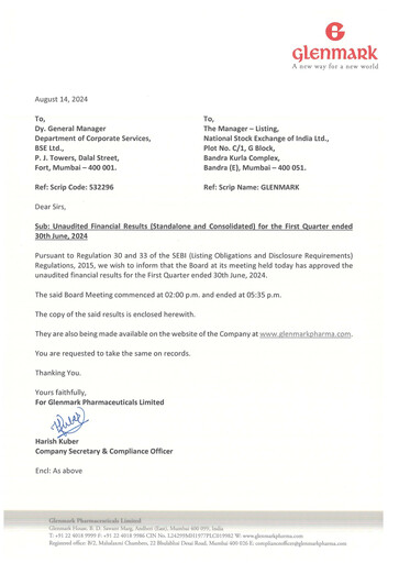 Miniature Glenmark Pharmaceuticals
 Rapport trimestriel 2024-q1