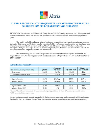 Thumbnail Altria Group Quarterly Report 2023-q3