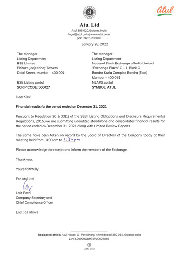 Miniature Atul Rapport trimestriel 2021-q3