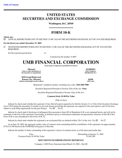 Thumbnail UMB Financial Annual Report 2002