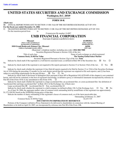Thumbnail UMB Financial Annual Report 2006