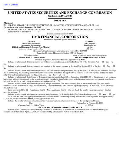 Thumbnail UMB Financial Annual Report 2007