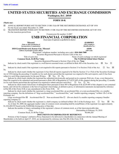Thumbnail UMB Financial Annual Report 2009