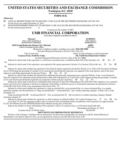 Thumbnail UMB Financial Annual Report 2011